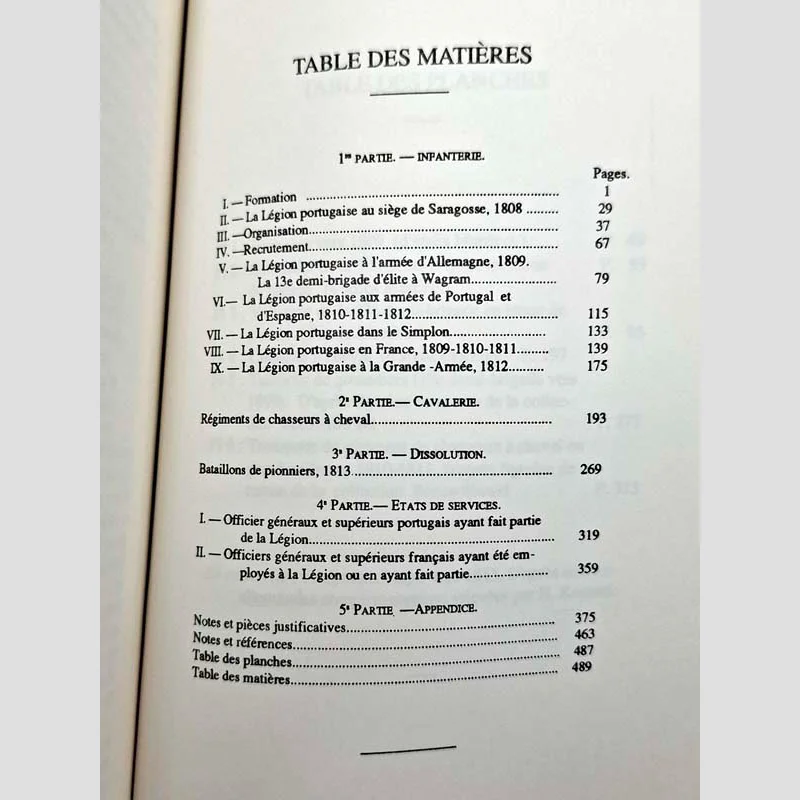 Table des matières complète de l'ouvrage historique La Légion Portugaise 1807-1813.