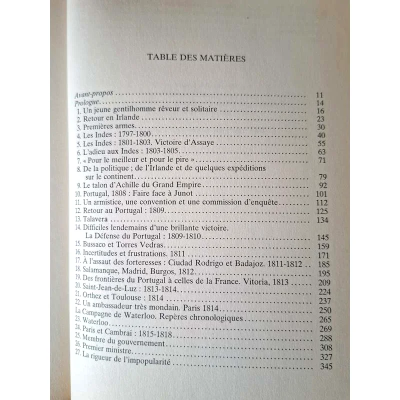 Première page de la table des matières du livre Wellington par Antoine d'Arjuzon
