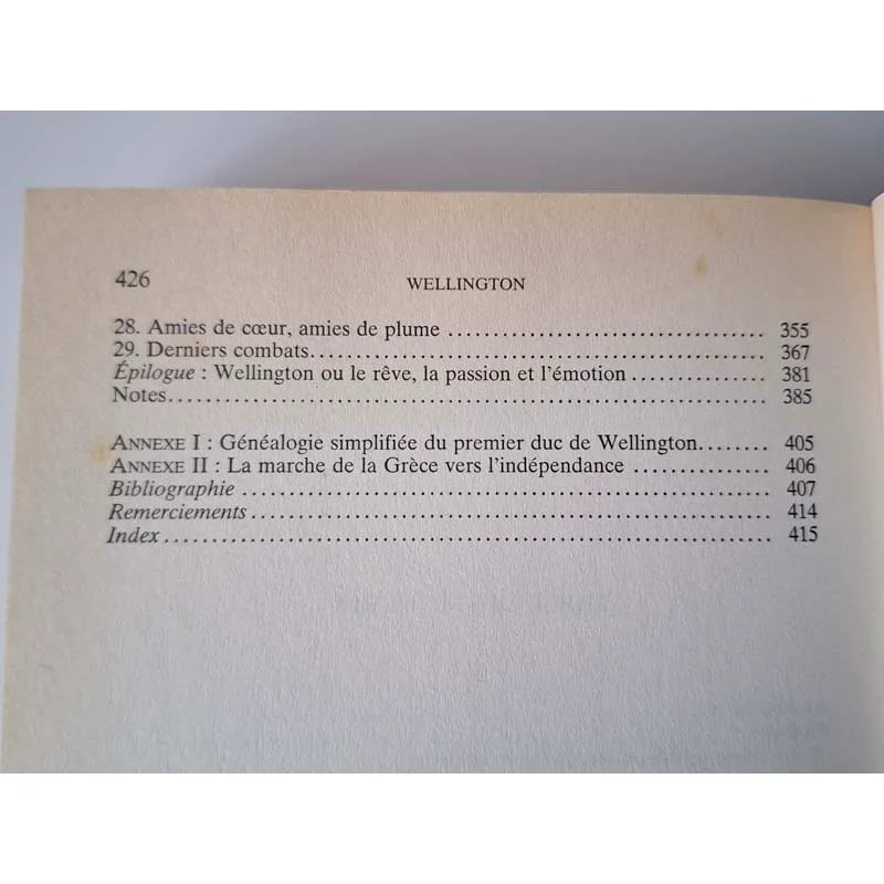 Seconde page de la table des matières du livre Wellington par Antoine d'Arjuzon