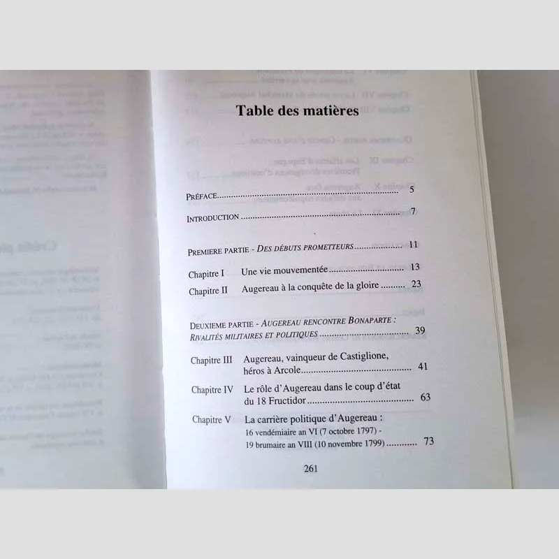 Table des matières du livre Augereau - L'enfant maudit de la gloire - Laurence Couturaud