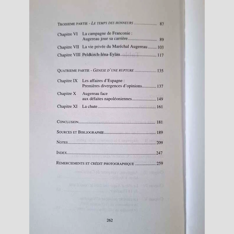 Table des matières du livre Augereau - L'enfant maudit de la gloire - Laurence Couturaud