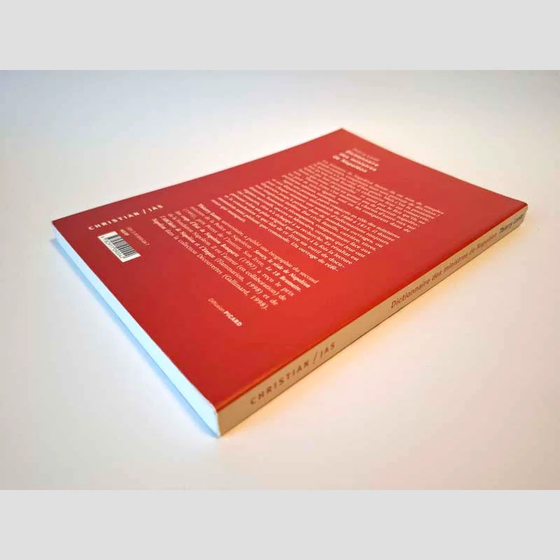 Vue d'ensemble de la quatrième de couverture et de la tranche inférieure du livre Dictionnaire des ministres de Napoléon par Thierry Lentz