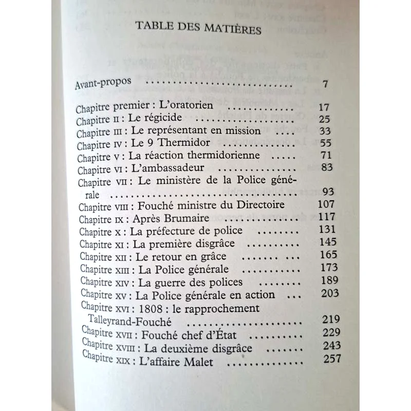 Table des matières du livre Joseph Fouché par Jean Tulard