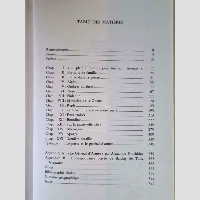 Table des matières du livre Le Général Hiver - Michel Bogdanovitch Barclay de Tolly
