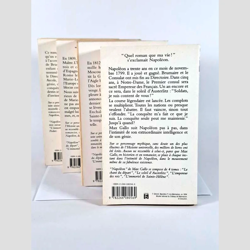 Quatrième de couverture des quatre tomes du livre Napoléon de Max Gallo