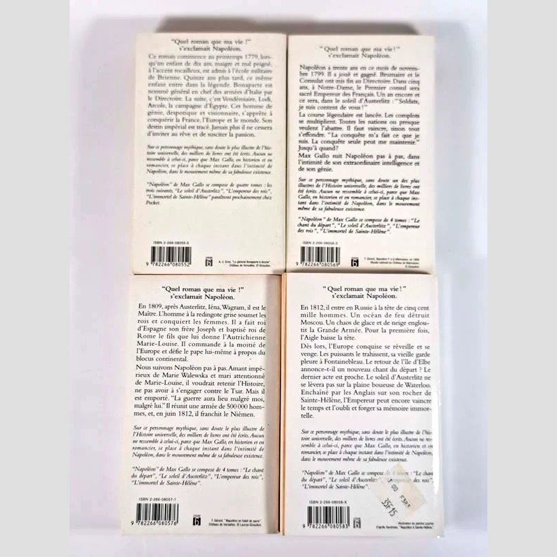 Quatrième de couverture des quatre tomes du livre Napoléon de Max Gallo
