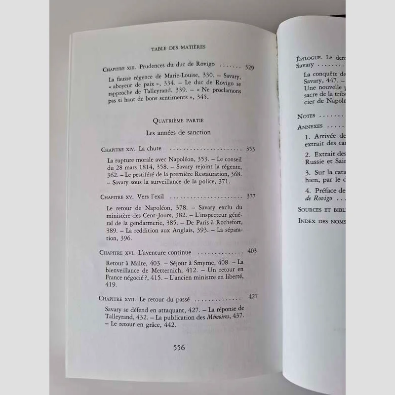 Table des matières (4) du livre Savary - Le séide de Napoléon de Thierry Lentz